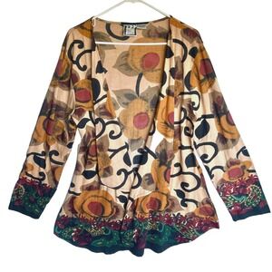 VTG Take Two Whimsical Cardigan Scrollwork Mix Print Open Front Women M L Earthy